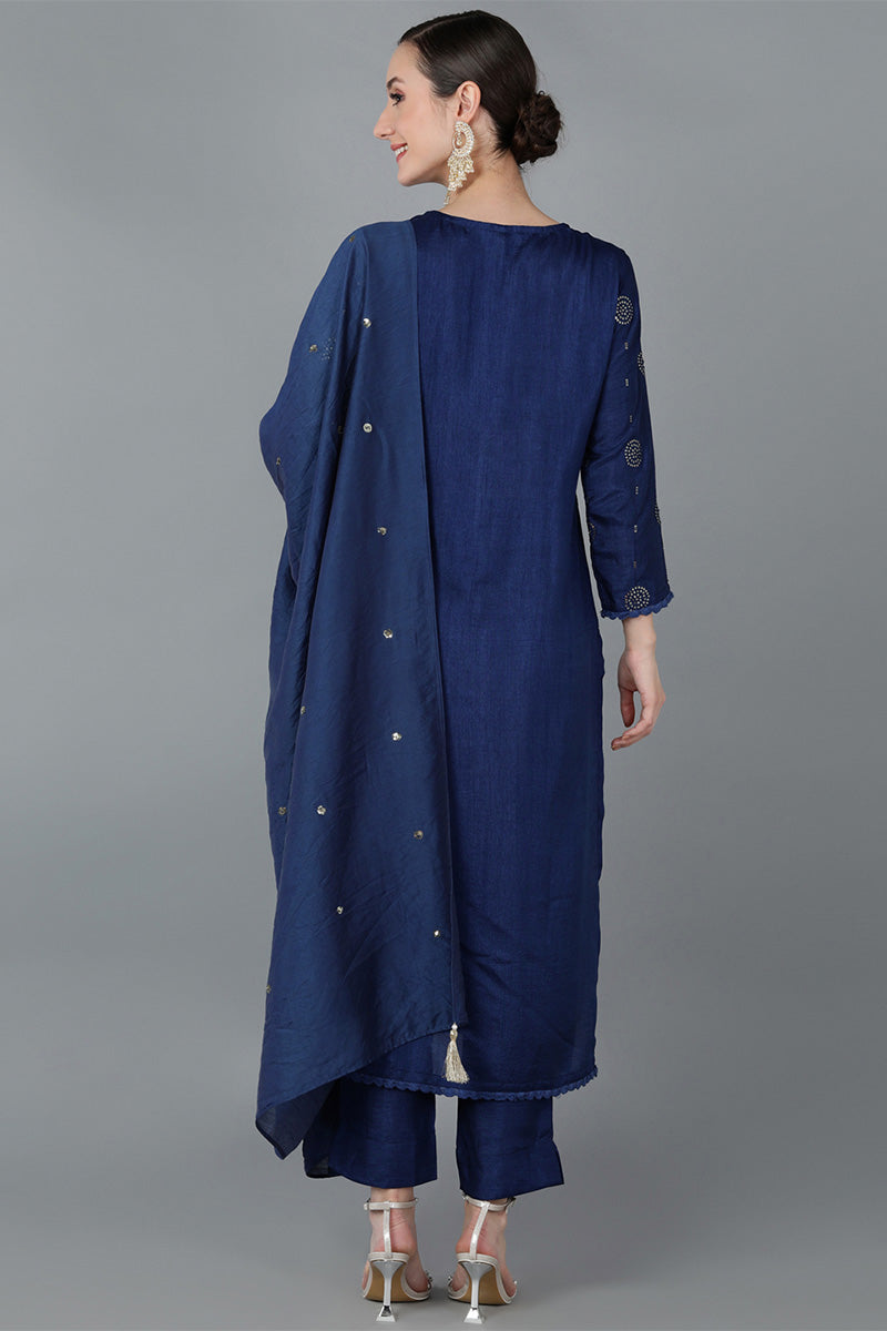 Navy Blue Silk Blend Solid Kurta Trousers With Dupatta PKSKD1612