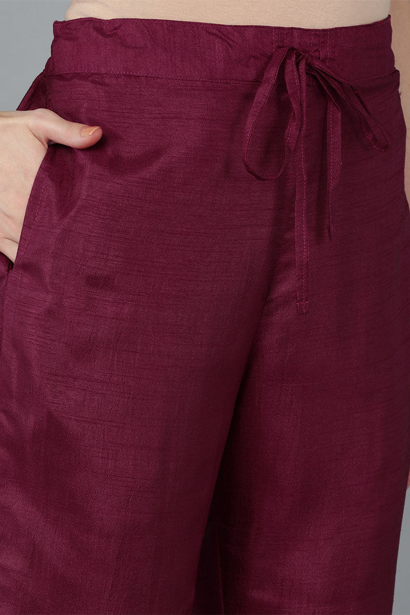 Ahika Women Burgundy Silk Blend Yoke Design Kurta Trousers With Dupatta 