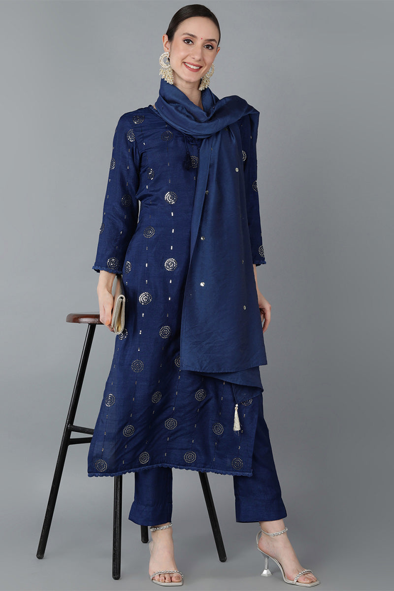 Navy Blue Silk Blend Solid Kurta Trousers With Dupatta PKSKD1612