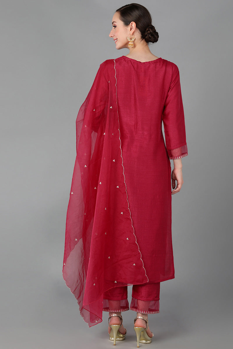 Ahika Women Red Poly Silk Yoke Design Kurta Trousers With Dupatta 