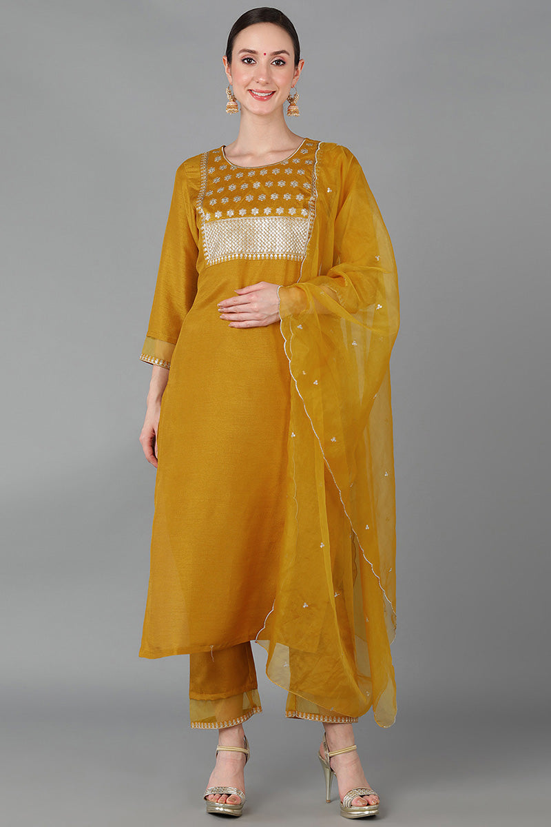 Ahika Women Mustard Poly Silk Yoke Design Kurta Trousers With Dupatta 