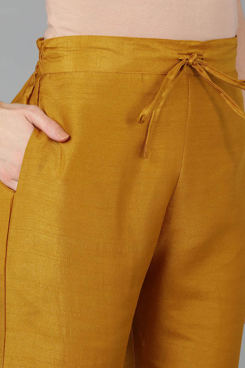 Ahika Women Mustard Poly Silk Yoke Design Kurta Trousers With Dupatta 