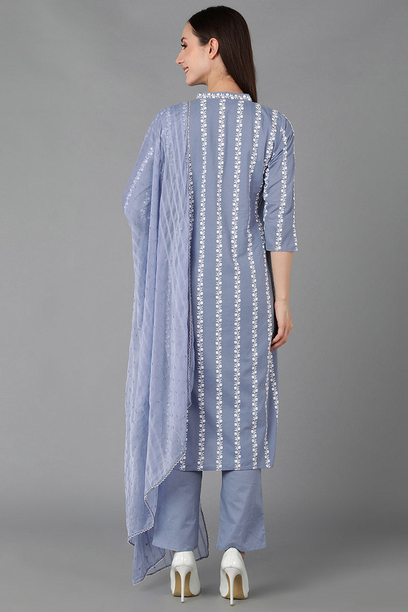 Ahika Women Blue Silk Blend Embroidered Kurta Trousers With Dupatta 