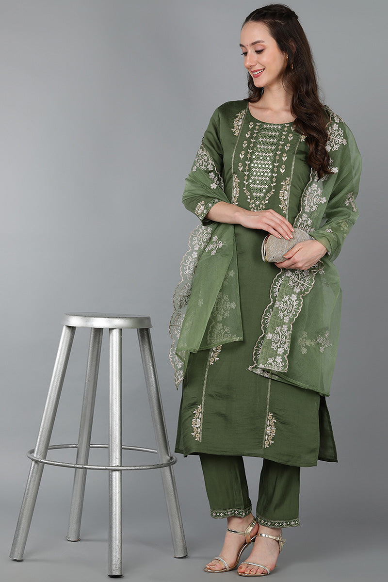 Green Silk Blend Ethnic Motifs Straight Kurta Trousers With Dupatta 