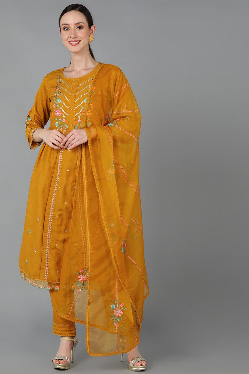 Ahika Women Mustard Silk Blend Embroidered Kurta Set 