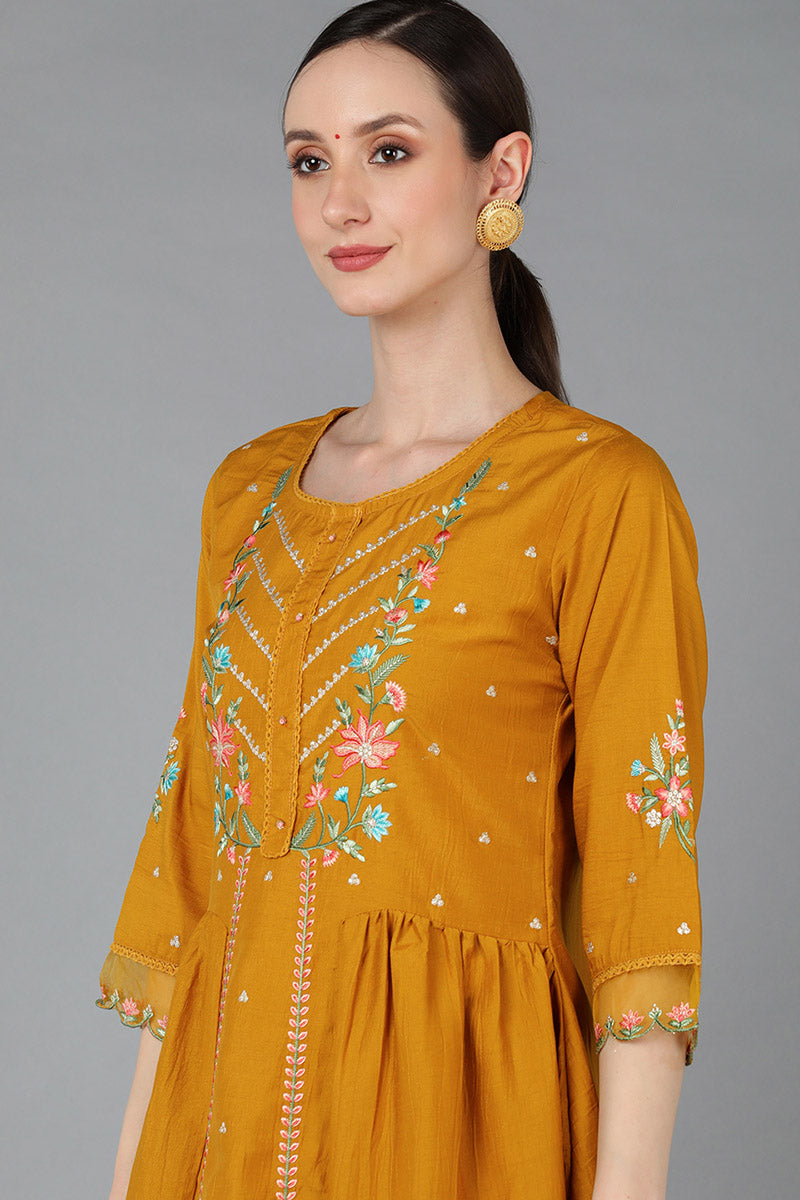 Ahika Women Mustard Silk Blend Embroidered Kurta Set 