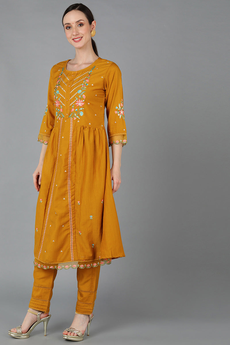 Ahika Women Mustard Silk Blend Embroidered Kurta Set 