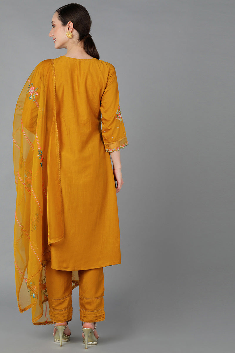 Ahika Women Mustard Silk Blend Embroidered Kurta Set 