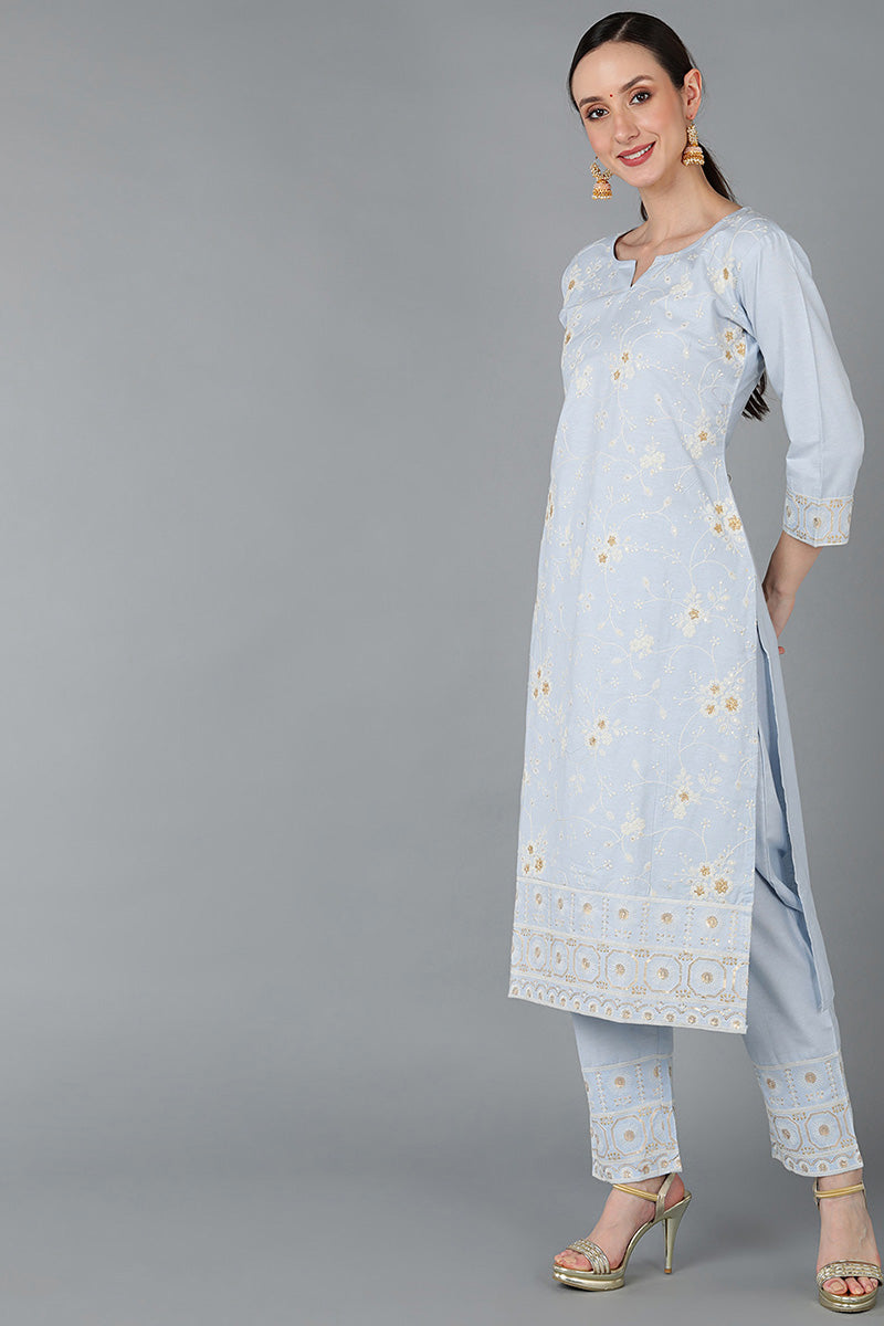 Ahika Women Blue Pure Cotton Embroidered Kurta Set