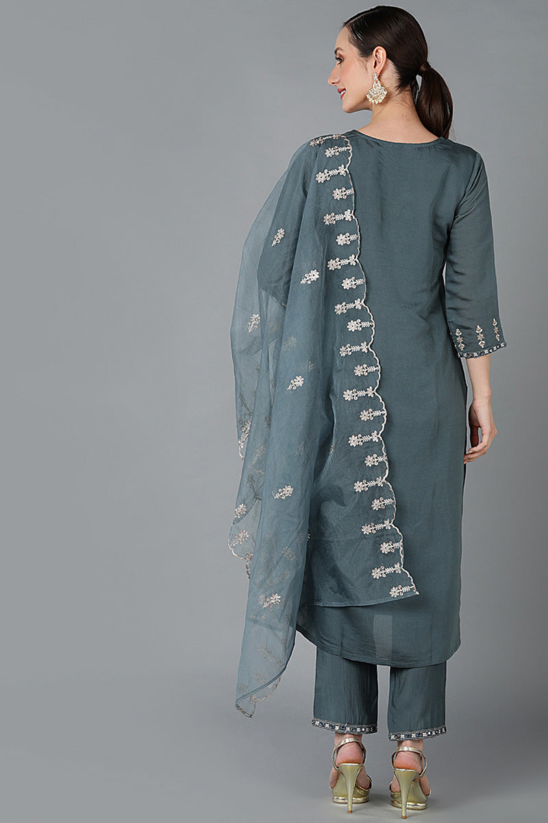 Ahika Women Charcoal Silk Blend Embroidered Kurta Set