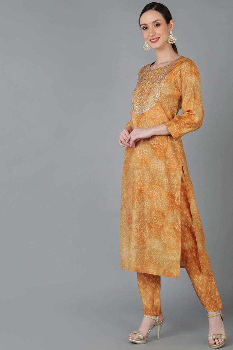 Ahika Women Mustard Silk Blend Yoke Design Kurta Set 