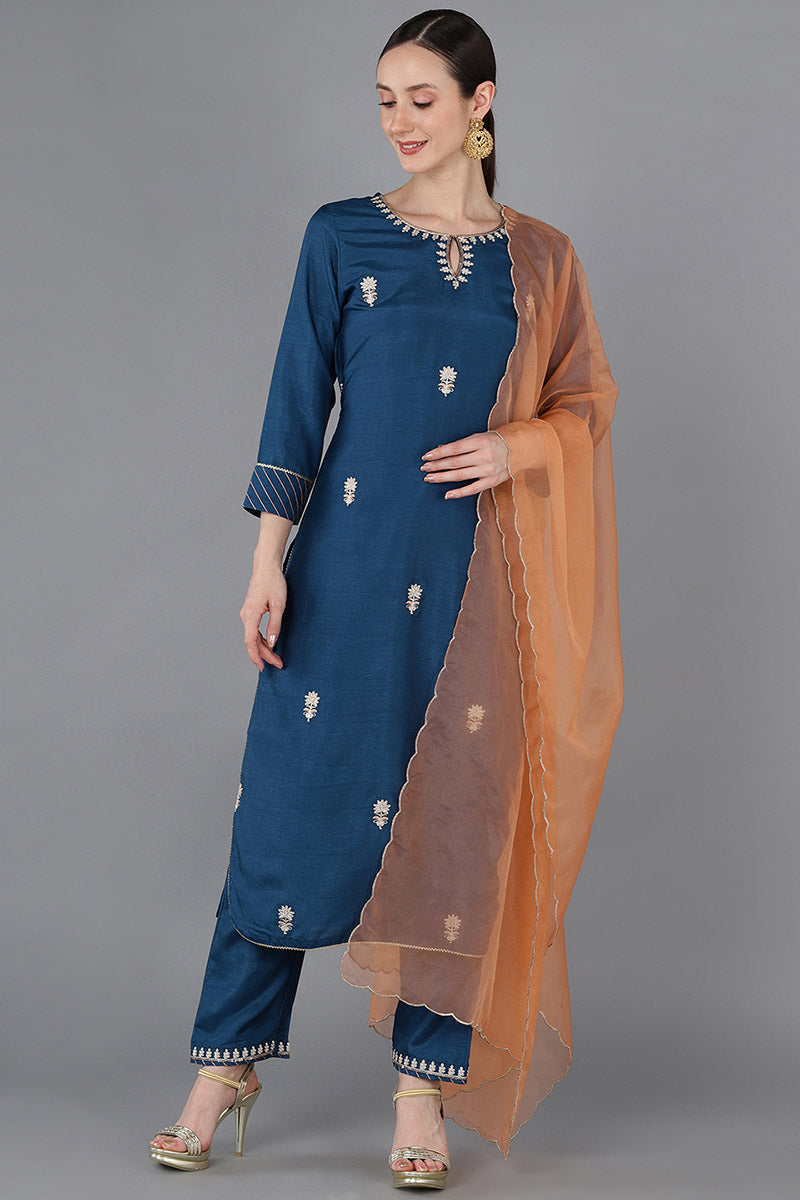 Ahika Women Teal Silk Blend Embroidered 