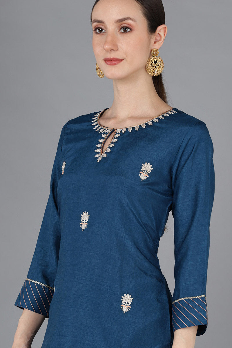 Ahika Women Teal Silk Blend Embroidered 