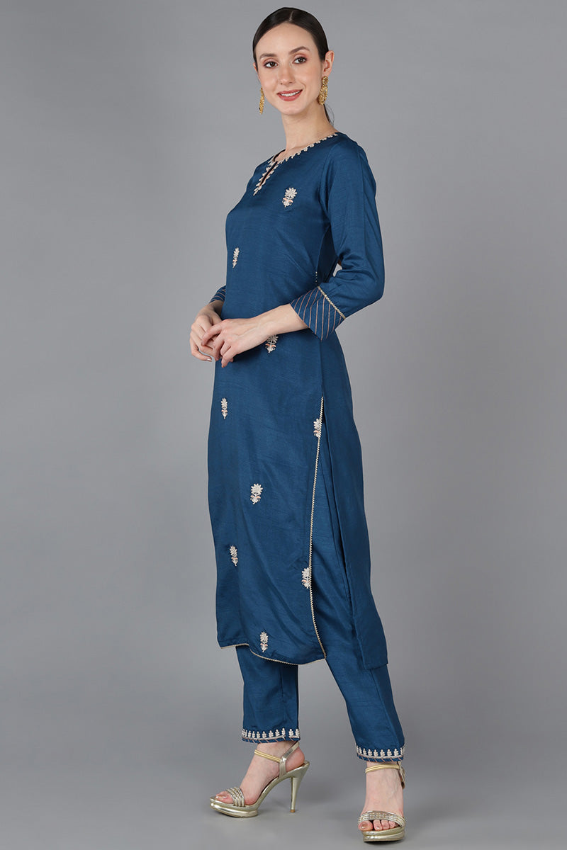 Ahika Women Teal Silk Blend Embroidered 