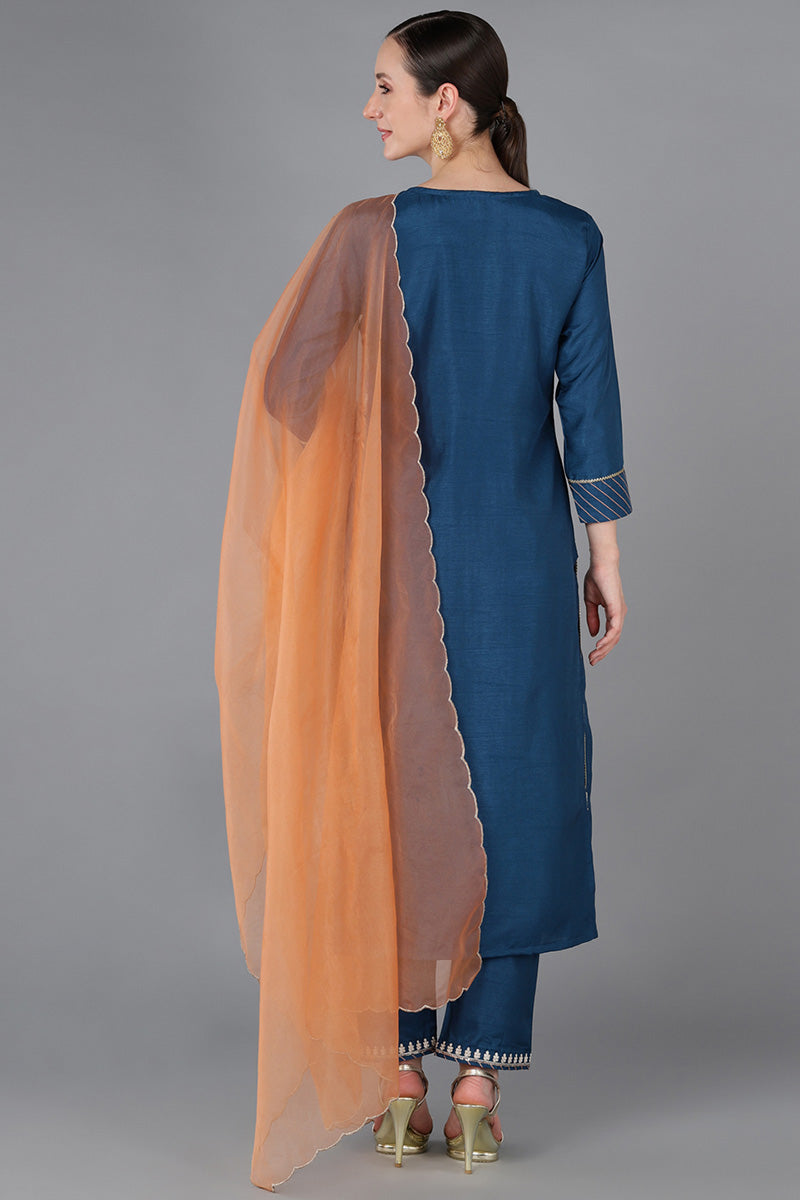 Ahika Women Teal Silk Blend Embroidered 