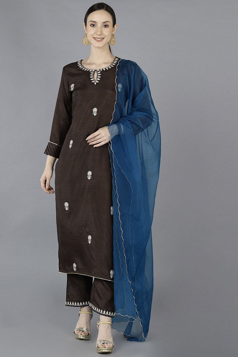 Ahika Women Grey Silk Blend Embroidered 