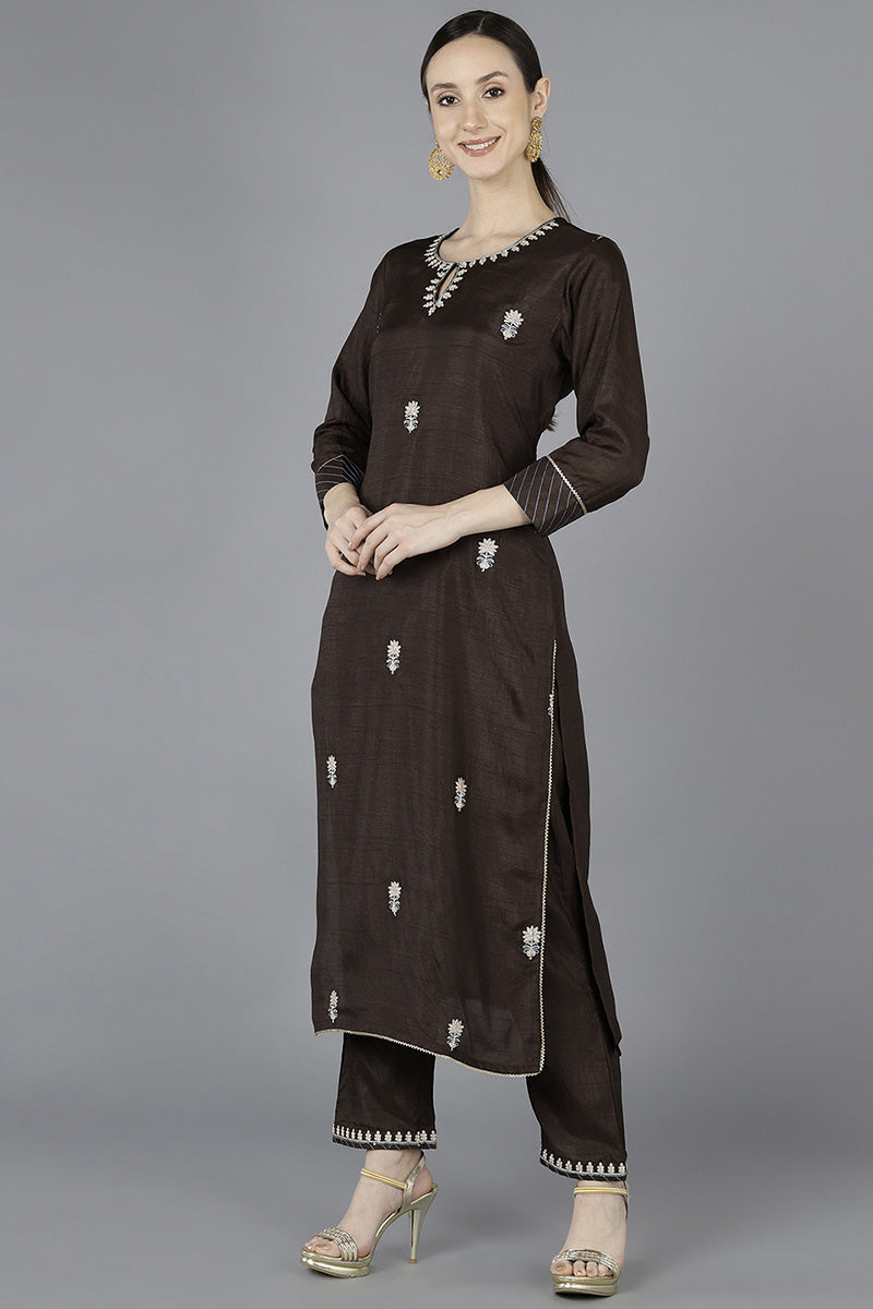 Ahika Women Grey Silk Blend Embroidered 