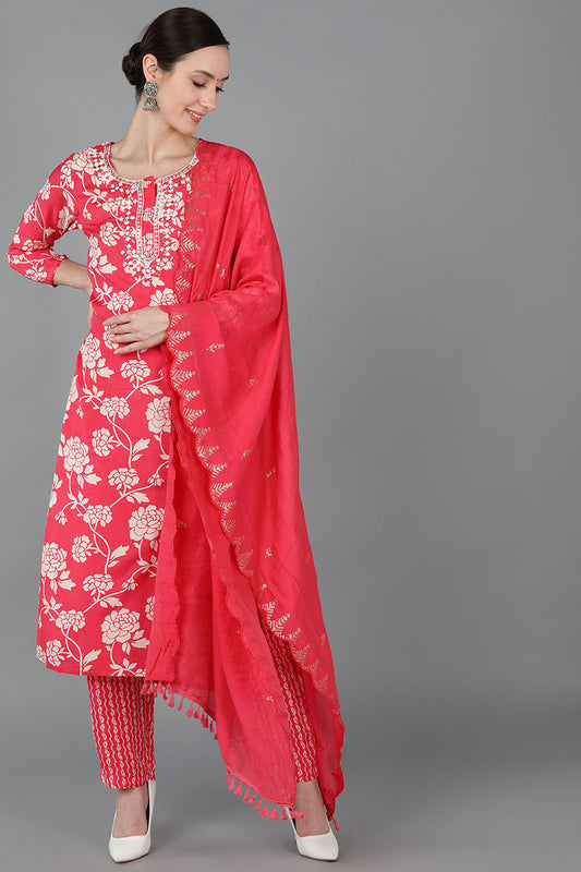 Ahika Women Pink Chanderi Silk Kurta Trousers With Dupatta 