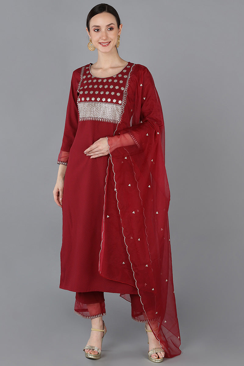 Ahika Women Red Poly Silk Yoke Design 