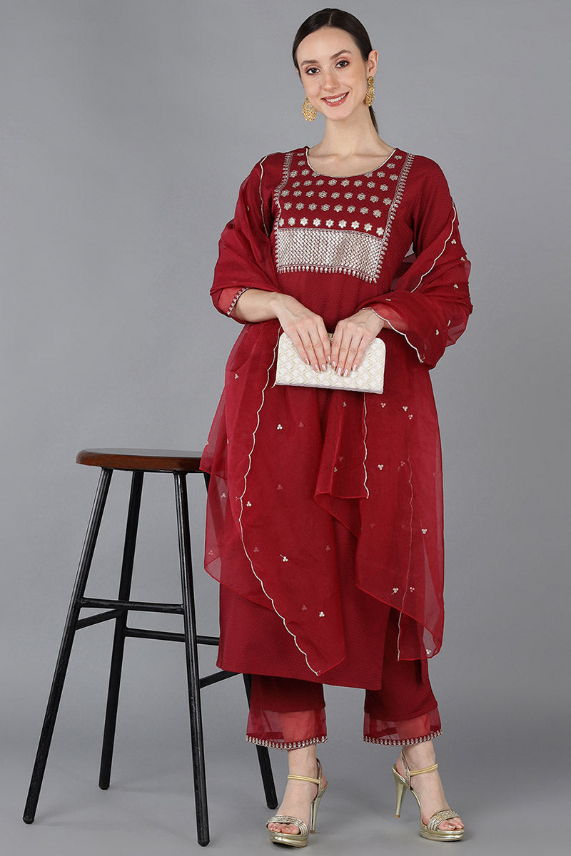 Ahika Women Red Poly Silk Yoke Design 