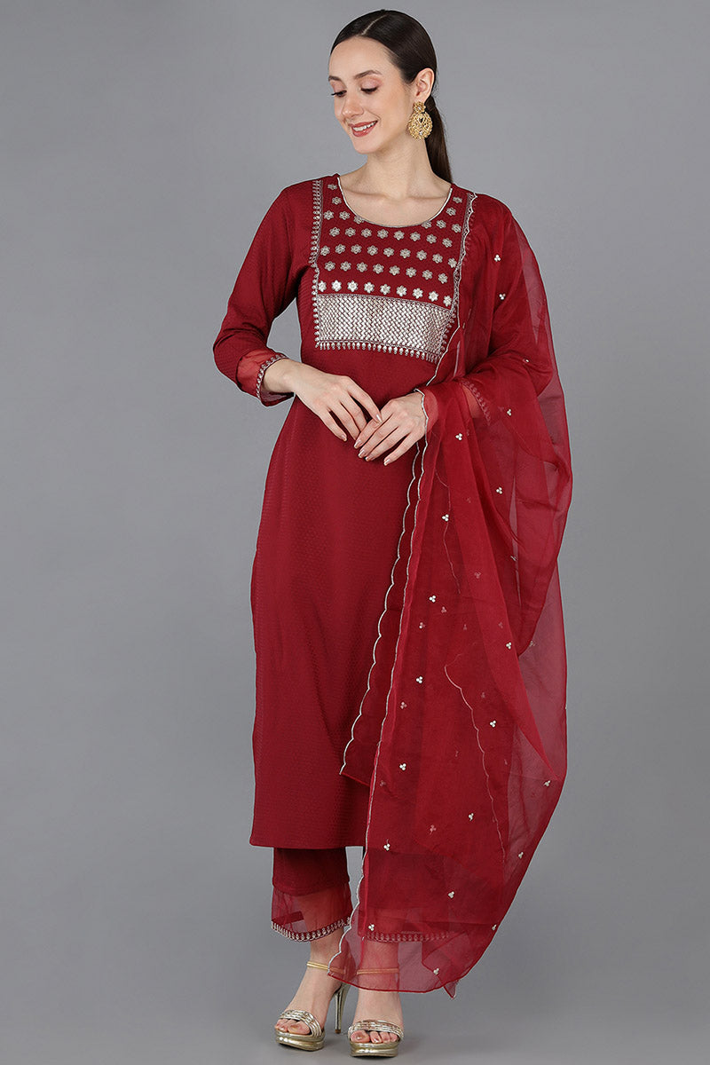 Ahika Women Red Poly Silk Yoke Design 