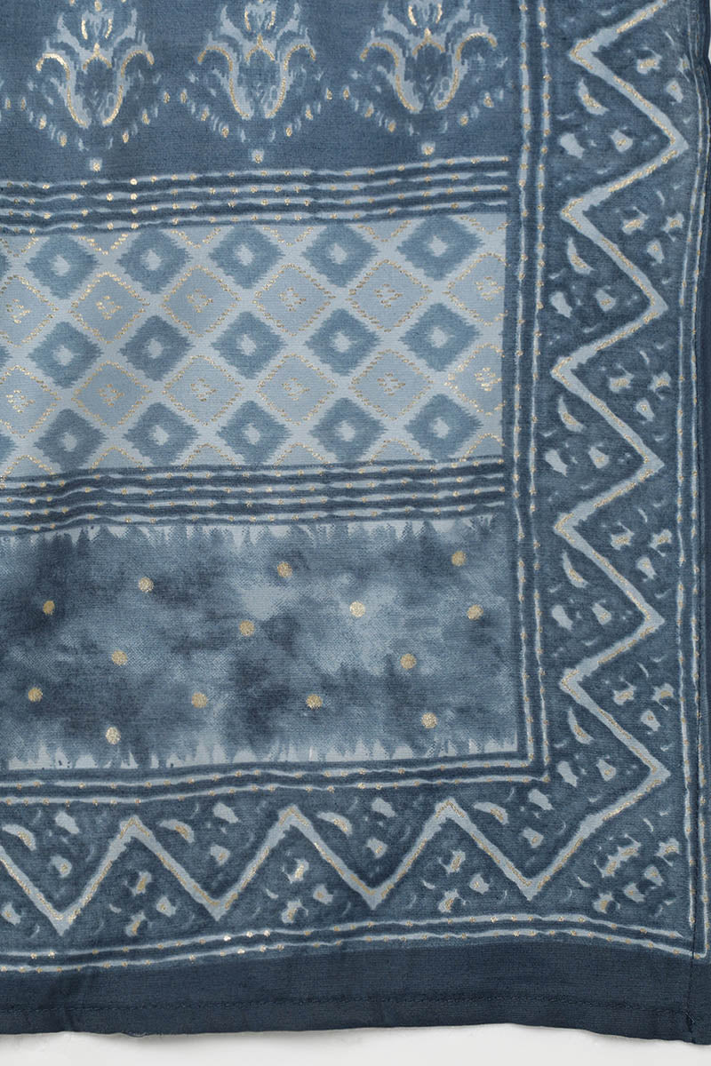Charcoal Silk Blend Ethnic Motifs Straight Kurta Trousers With Dupatta 