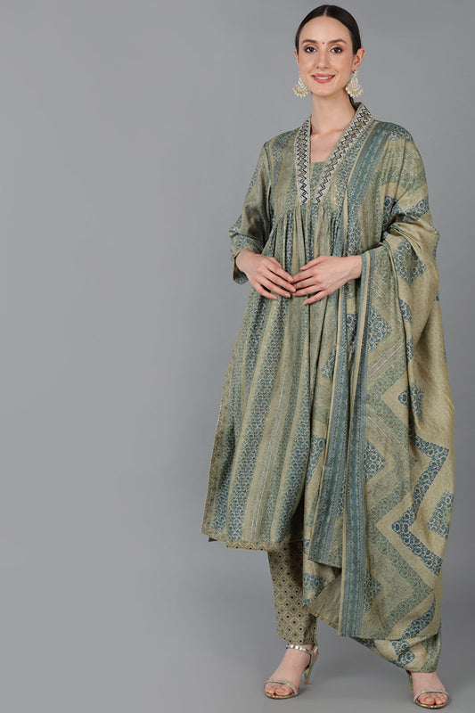 Green Silk Blend Abstract Anarkali Kurta Trousers With Dupatta 