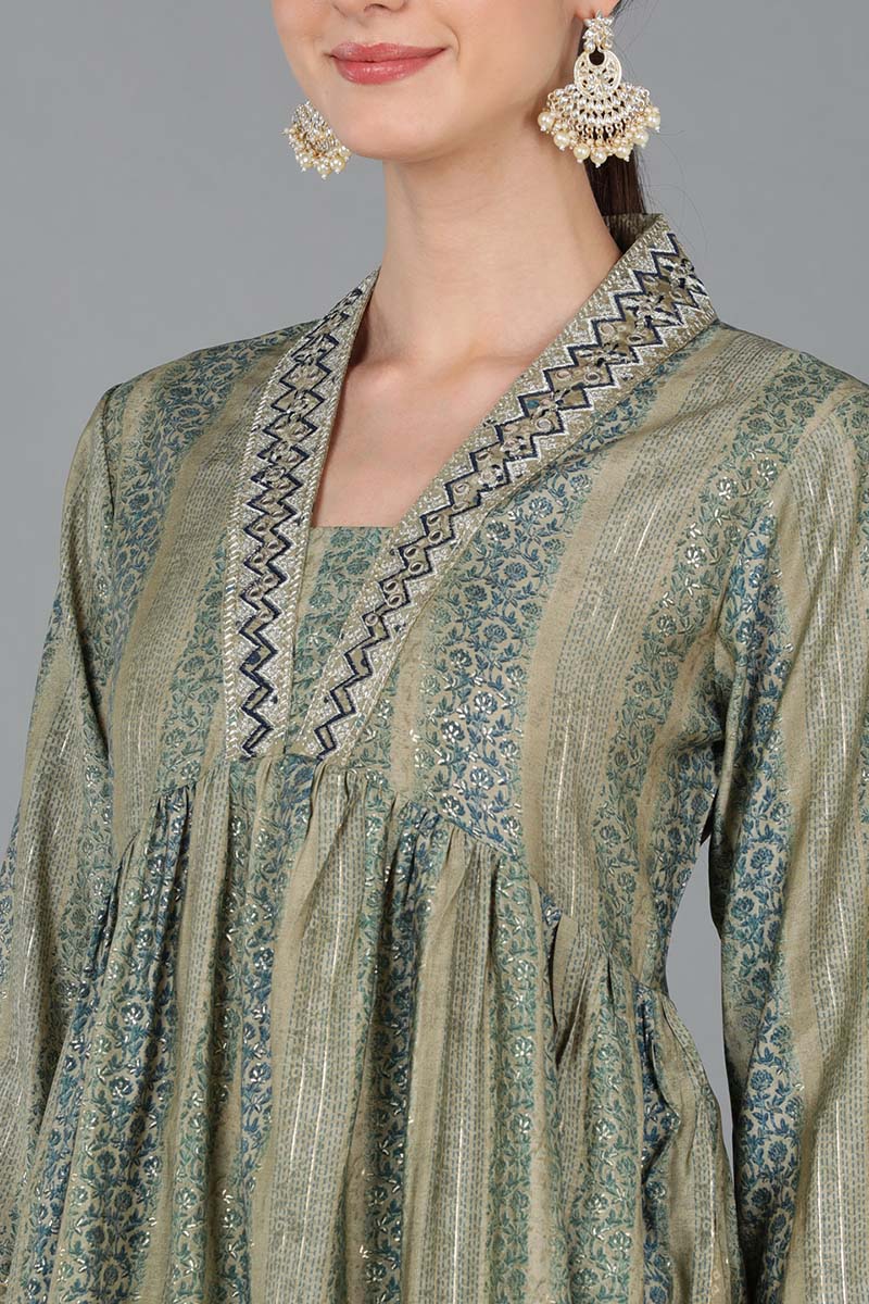 Green Silk Blend Abstract Anarkali Kurta Trousers With Dupatta PKSKD1688