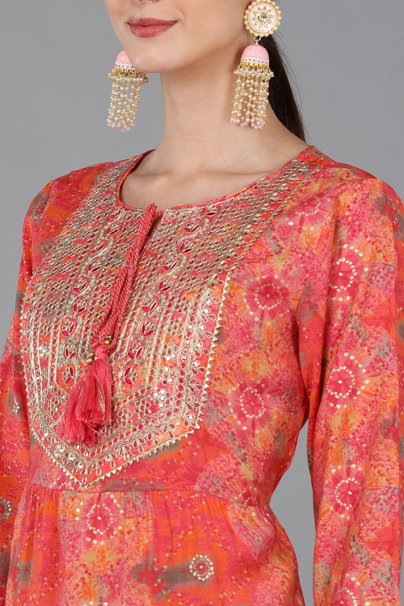 Peach Silk Blend Abstract Straight Kurta Trousers With Dupatta 