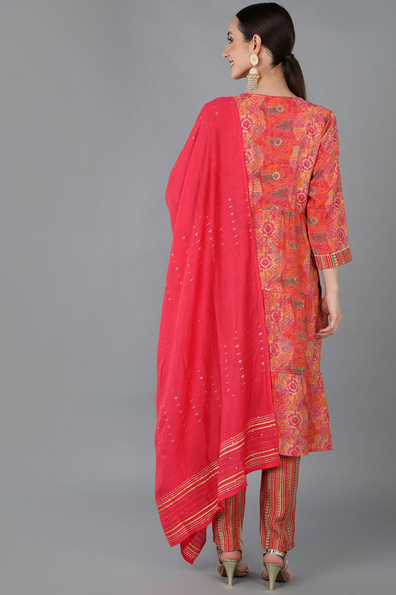 Peach Silk Blend Abstract Straight Kurta Trousers With Dupatta 