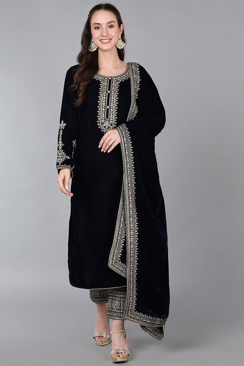 Navy Blue Velvet Solid Straight Kurta Trousers With Dupatta 