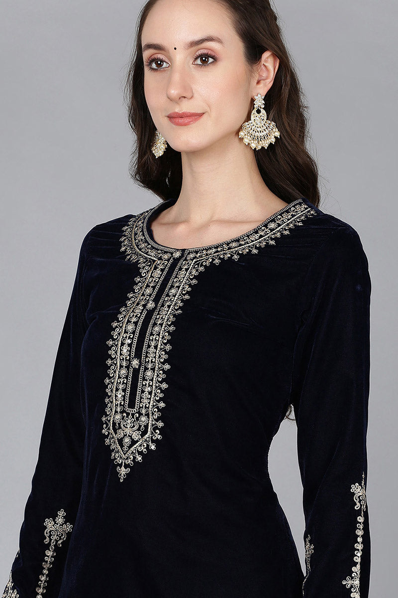 Navy Blue Velvet Solid Straight Kurta Trousers With Dupatta 