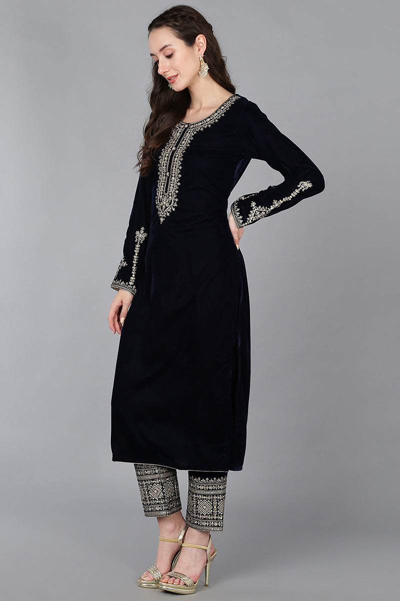 Navy Blue Velvet Solid Straight Kurta Trousers With Dupatta 