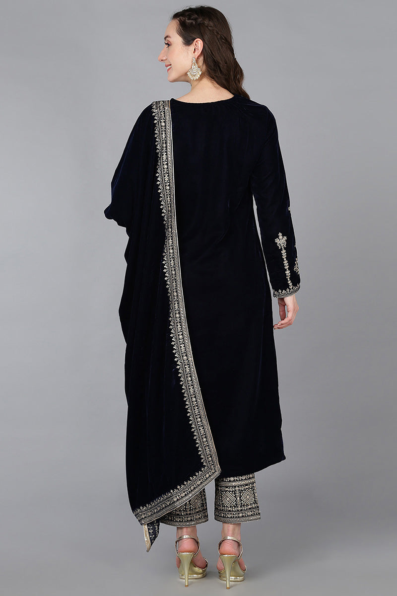 Navy Blue Velvet Solid Straight Kurta Trousers With Dupatta 