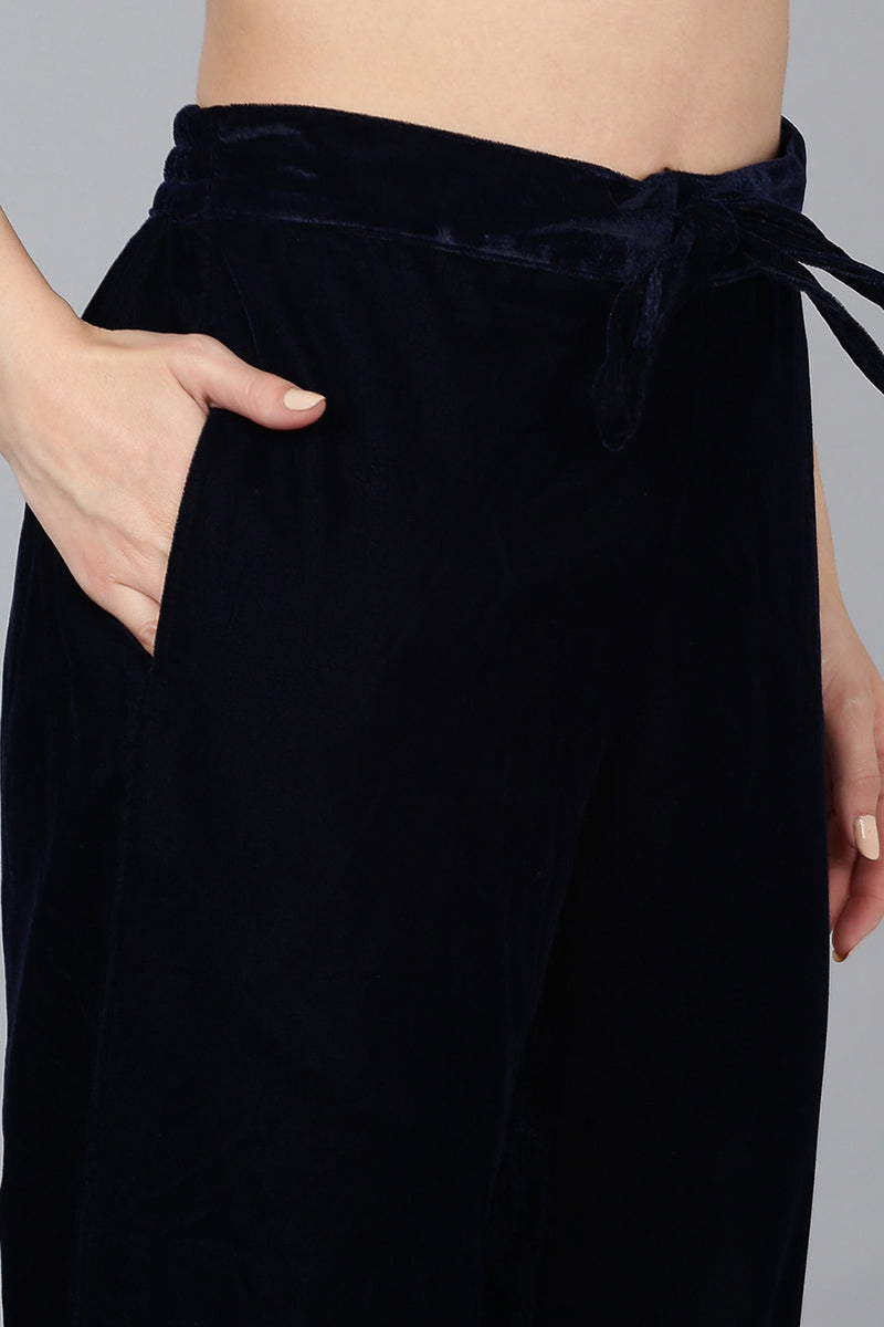 Navy Blue Velvet Solid Straight Kurta Trousers With Dupatta 