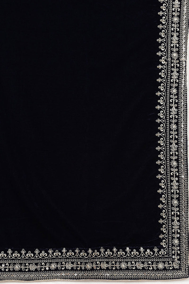 Navy Blue Velvet Solid Straight Kurta Trousers With Dupatta 