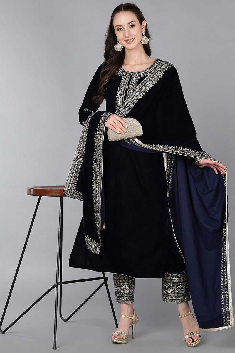 Navy Blue Velvet Solid Straight Kurta Trousers With Dupatta 