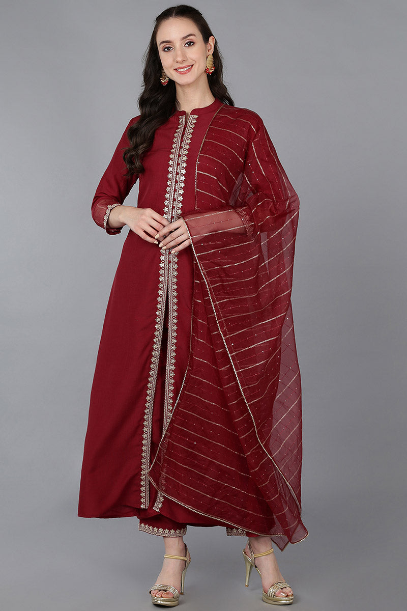 Red Silk Blend Solid A-Line Kurta Trousers With Dupatta 