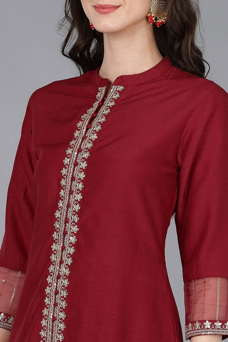 Red Silk Blend Solid A-Line Kurta Trousers With Dupatta 