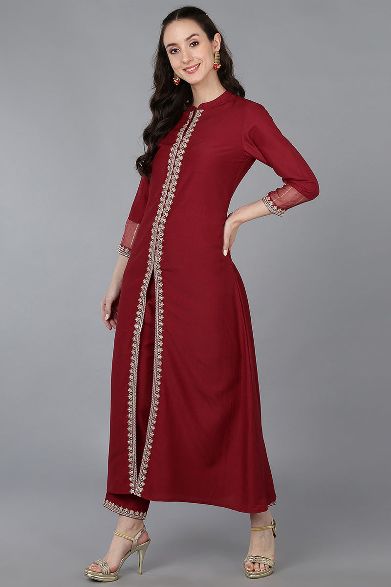 Red Silk Blend Solid A-Line Kurta Trousers With Dupatta 