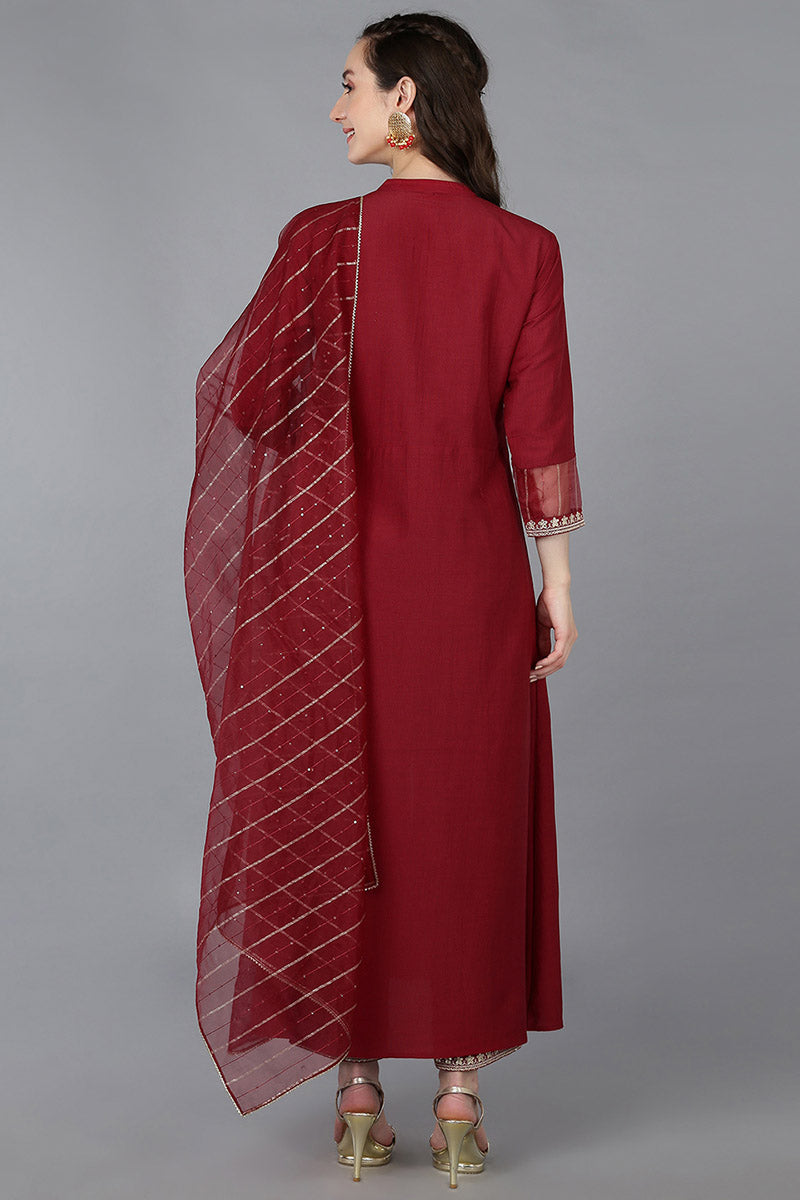 Red Silk Blend Solid A-Line Kurta Trousers With Dupatta 