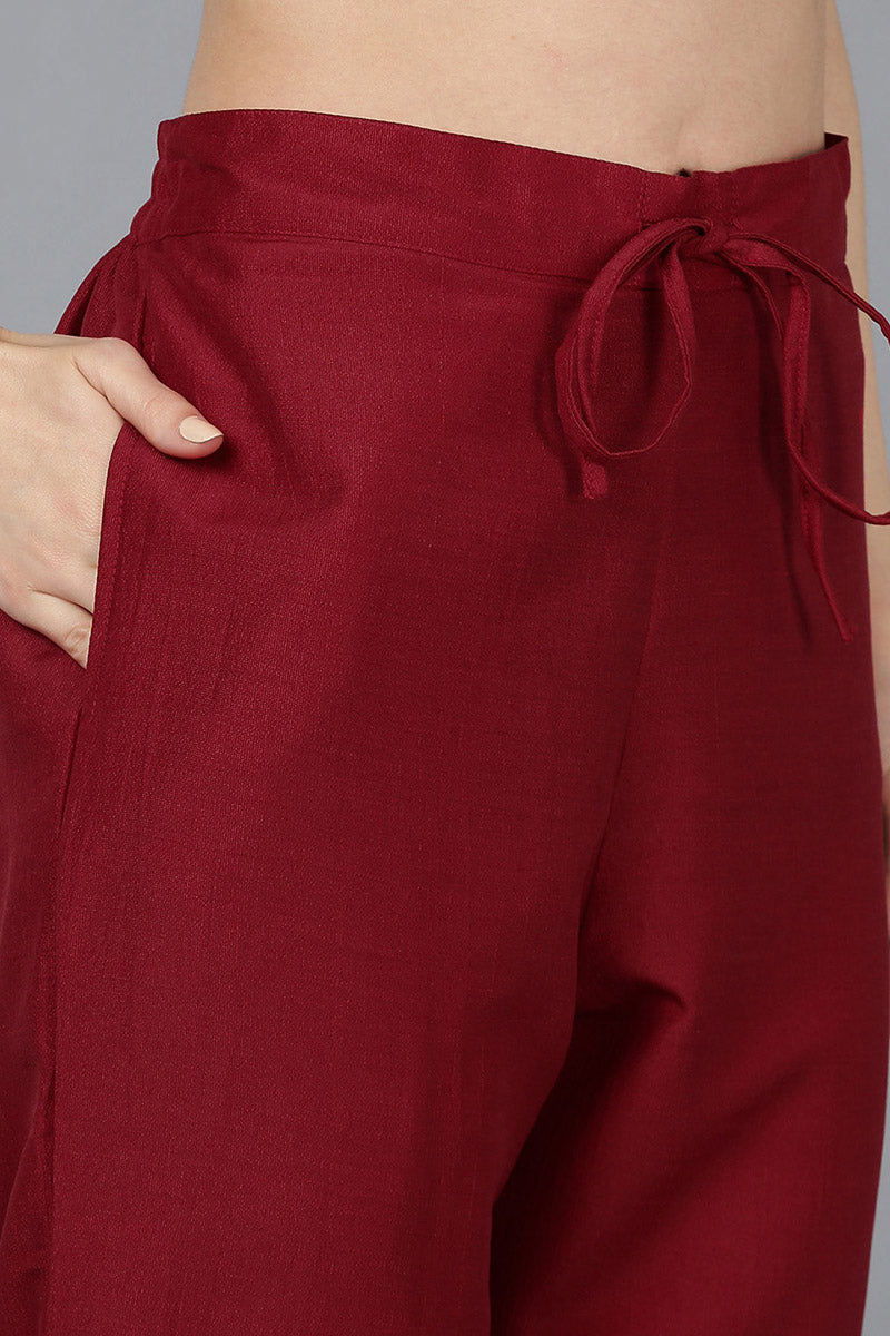 Red Silk Blend Solid A-Line Kurta Trousers With Dupatta 