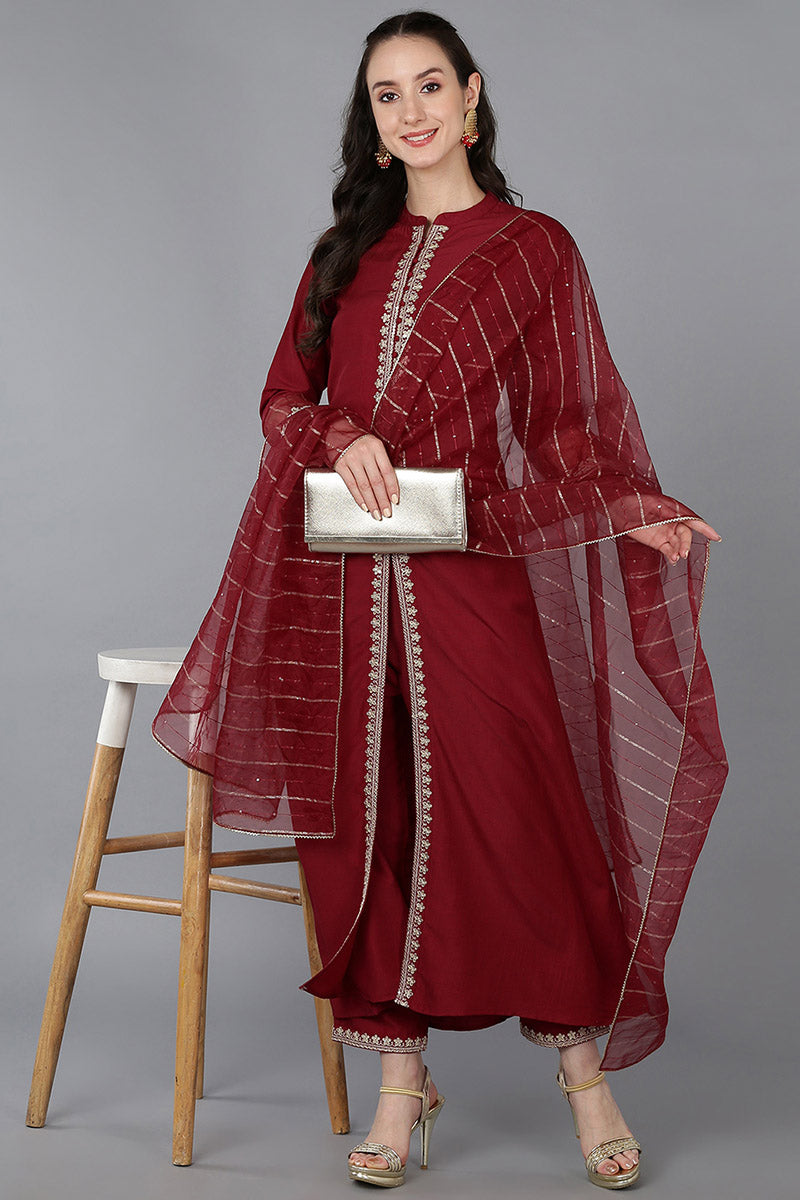 Red Silk Blend Solid A-Line Kurta Trousers With Dupatta 