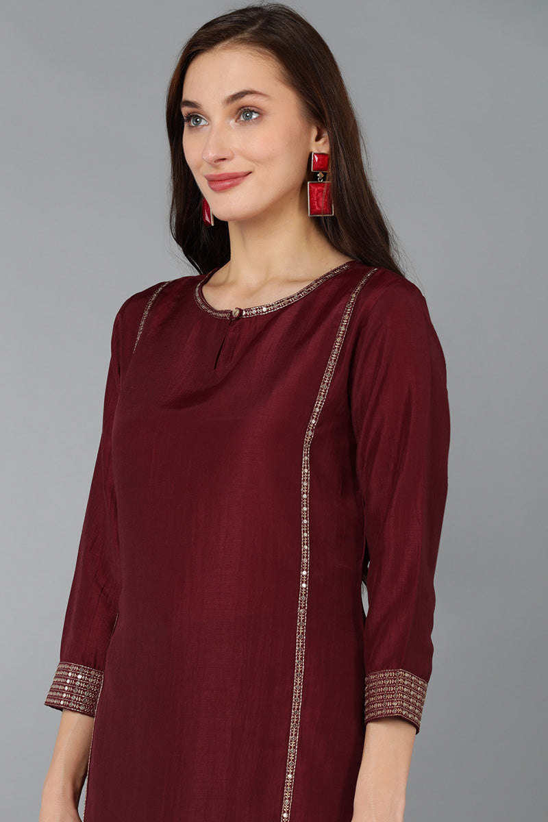 Maroon Silk Blend Solid Straight Kurta Trousers With Dupatta 