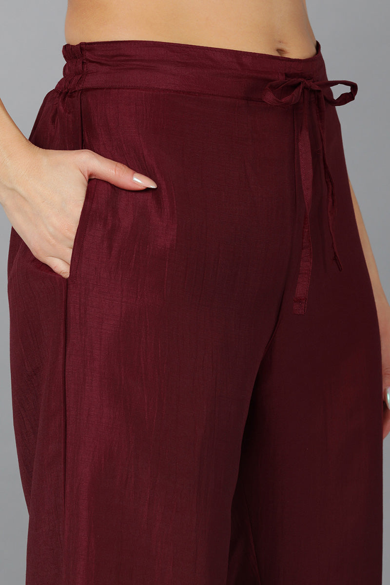 Maroon Silk Blend Solid Straight Kurta Trousers With Dupatta 