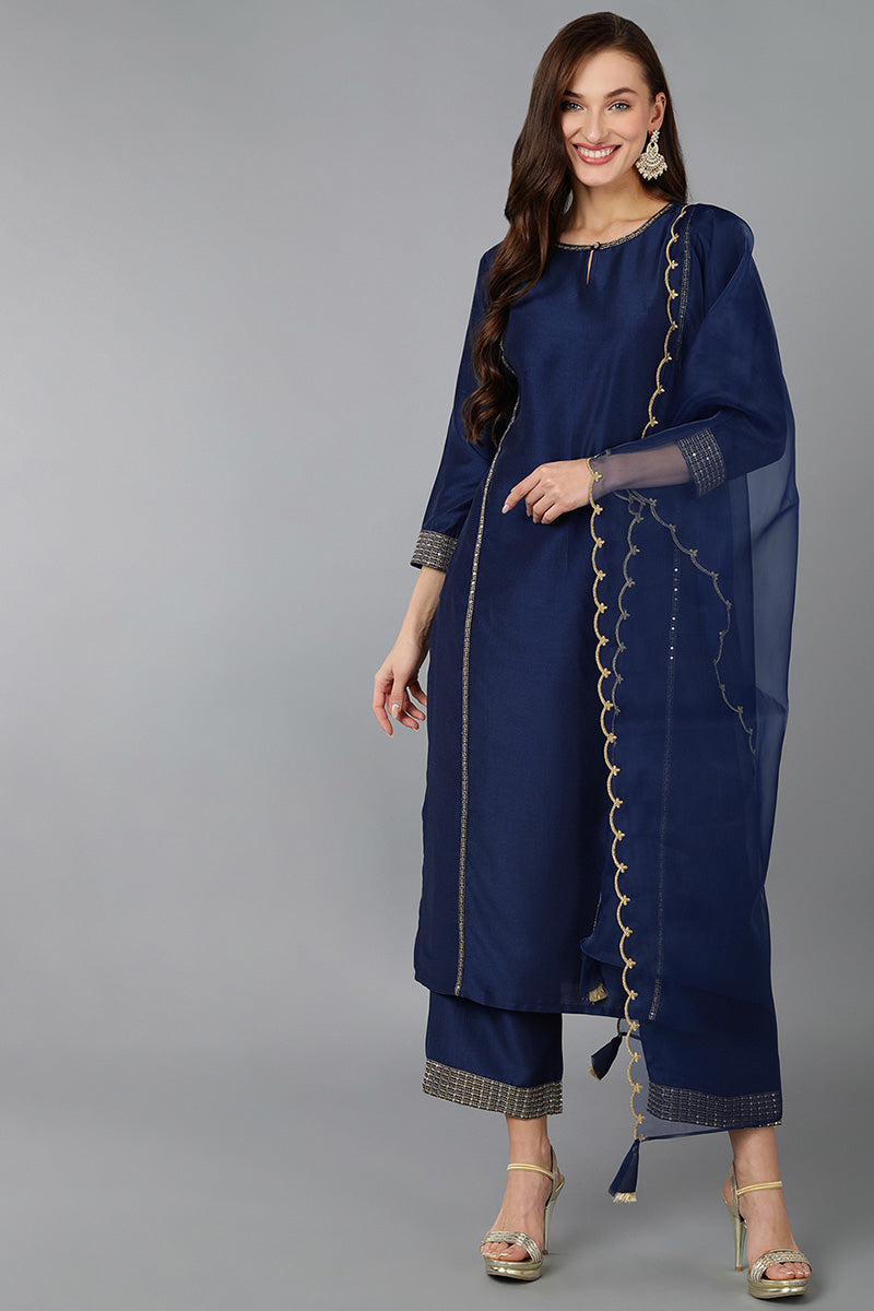 Navy Blue Silk Blend Solid Straight Kurta Trousers With Dupatta 