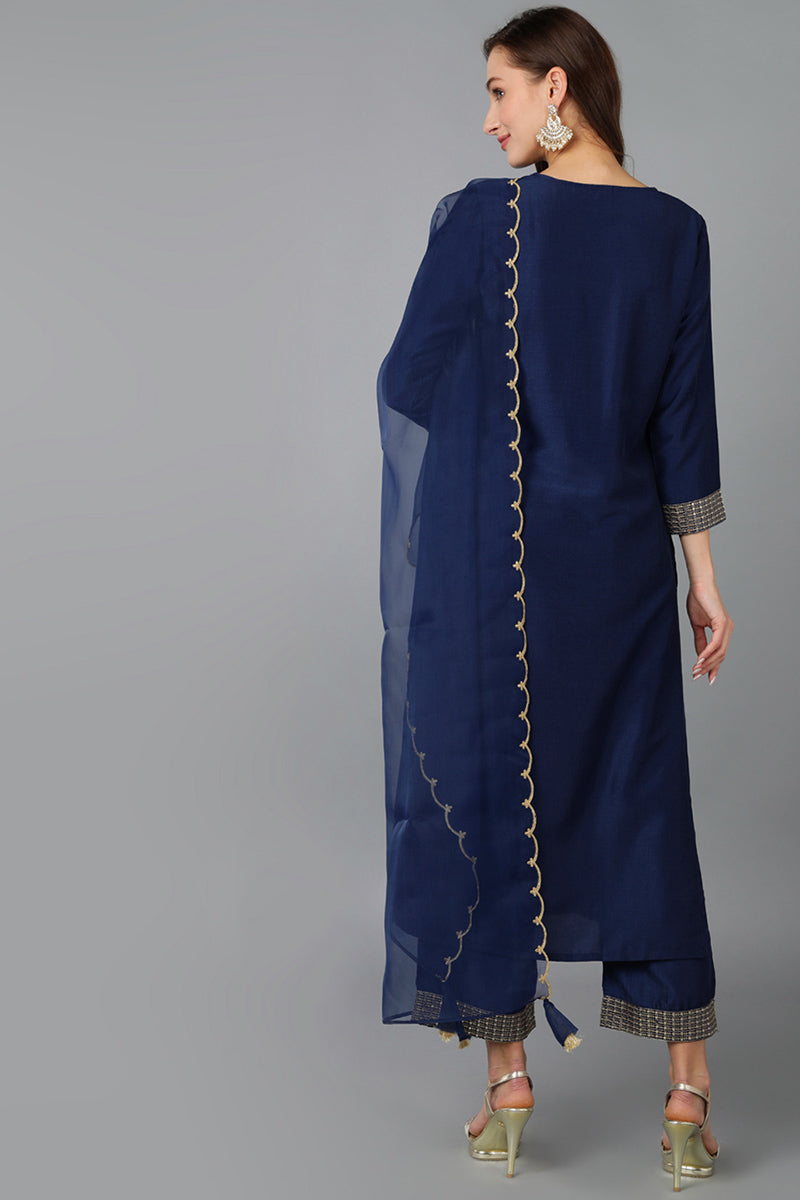 Navy Blue Silk Blend Solid Straight Kurta Trousers With Dupatta 
