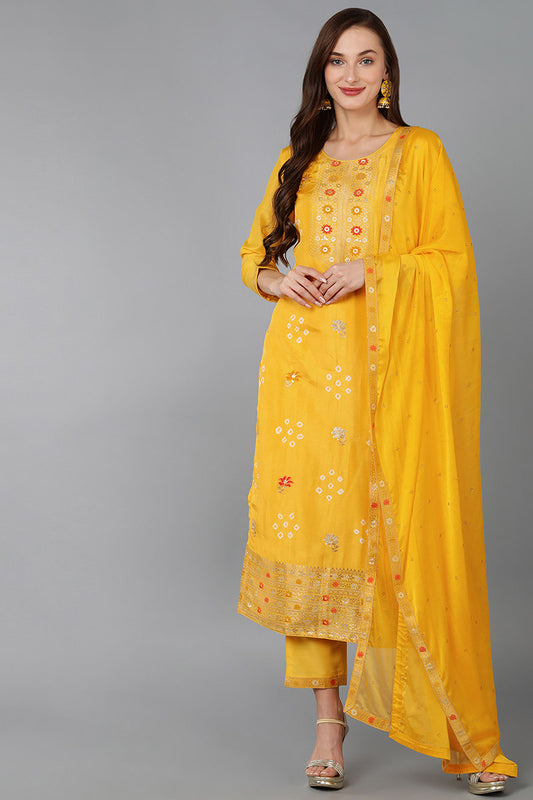 Yellow Silk Blend Ethnic Motifs Straight Kurta Trousers With Dupatta 