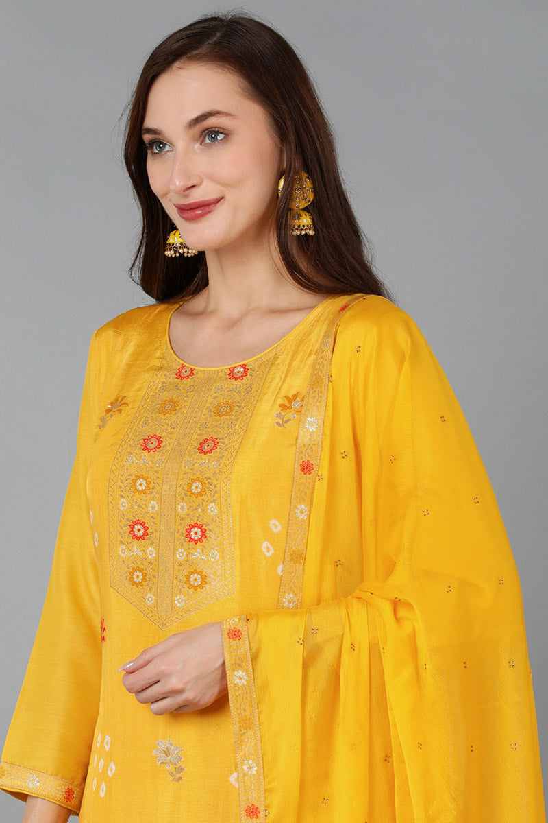 Yellow Silk Blend Ethnic Motifs Straight Kurta Trousers With Dupatta 