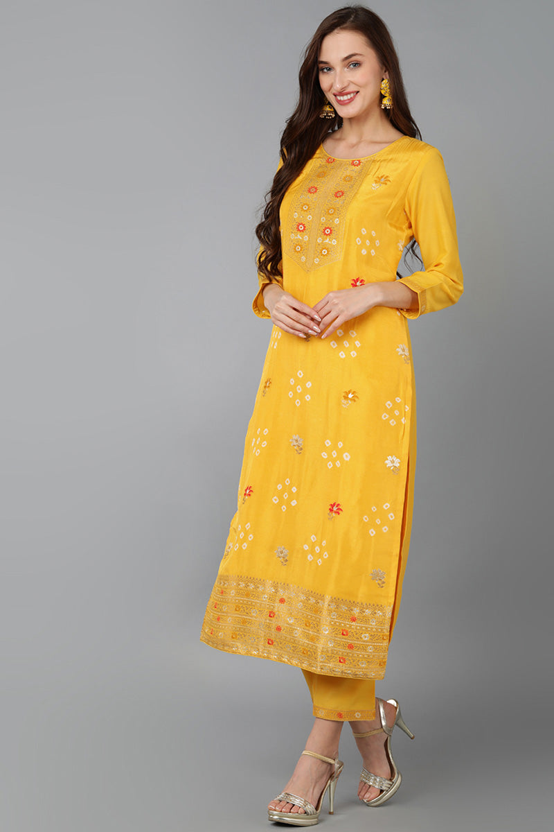 Yellow Silk Blend Ethnic Motifs Straight Kurta Trousers With Dupatta 